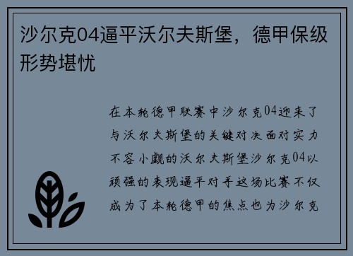 沙尔克04逼平沃尔夫斯堡，德甲保级形势堪忧